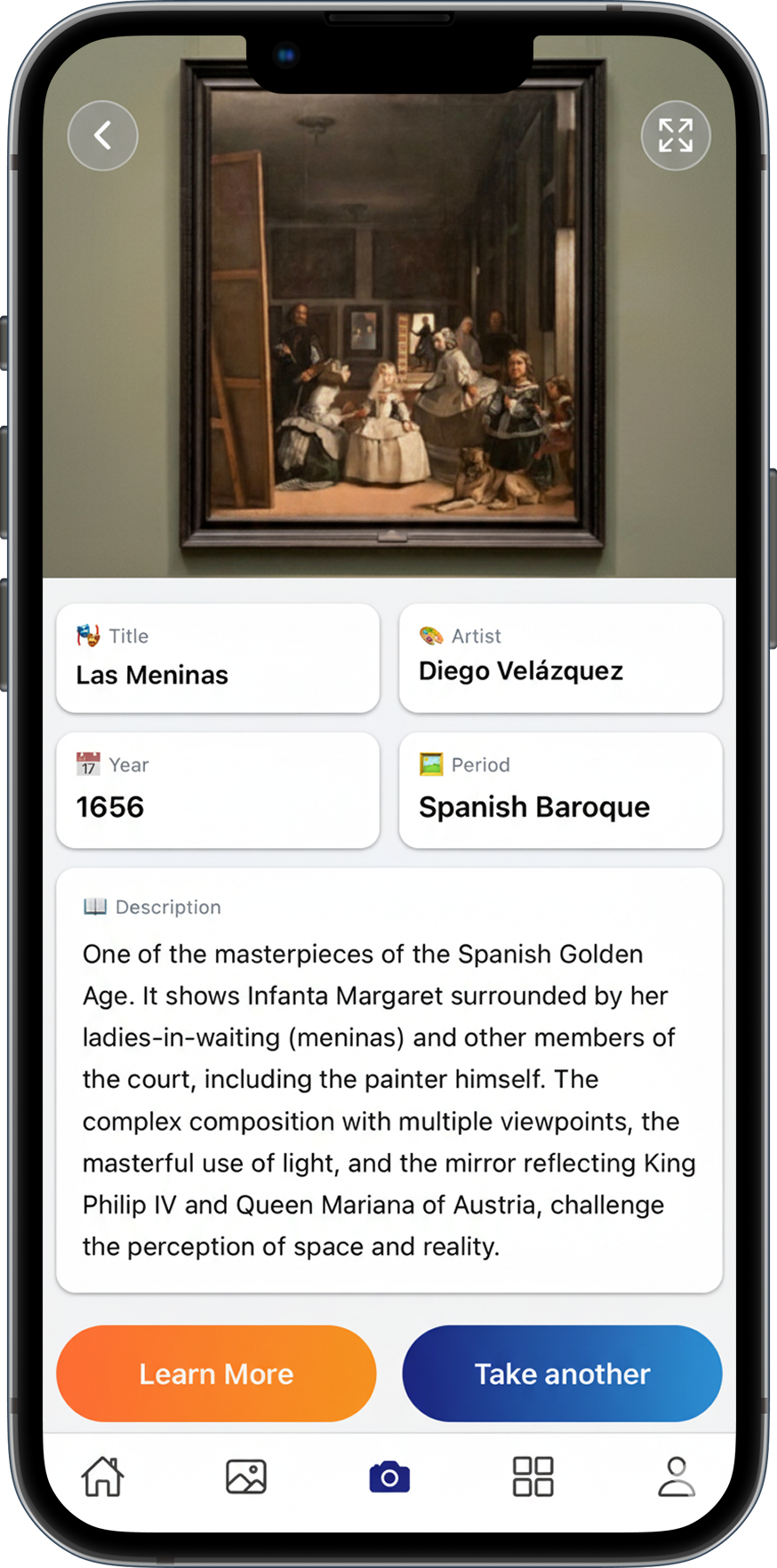 Pantalla de información detallada en Travel AI con historia y datos de obra de arte identificada