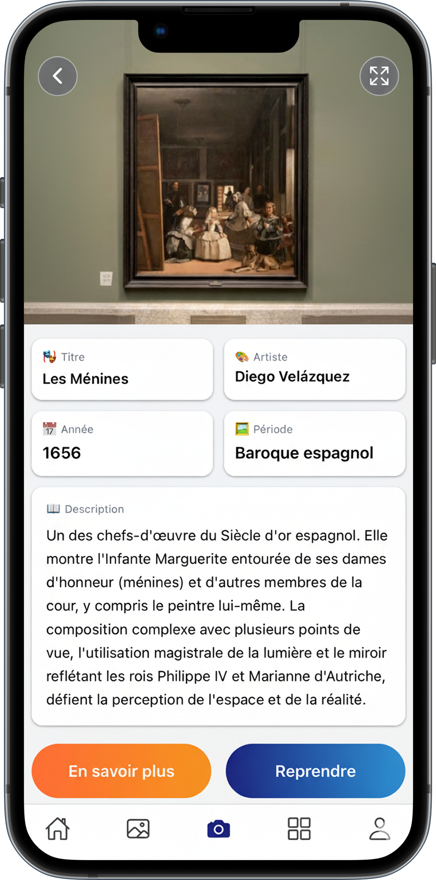 Pantalla de información detallada en Travel AI con historia y datos de obra de arte identificada
