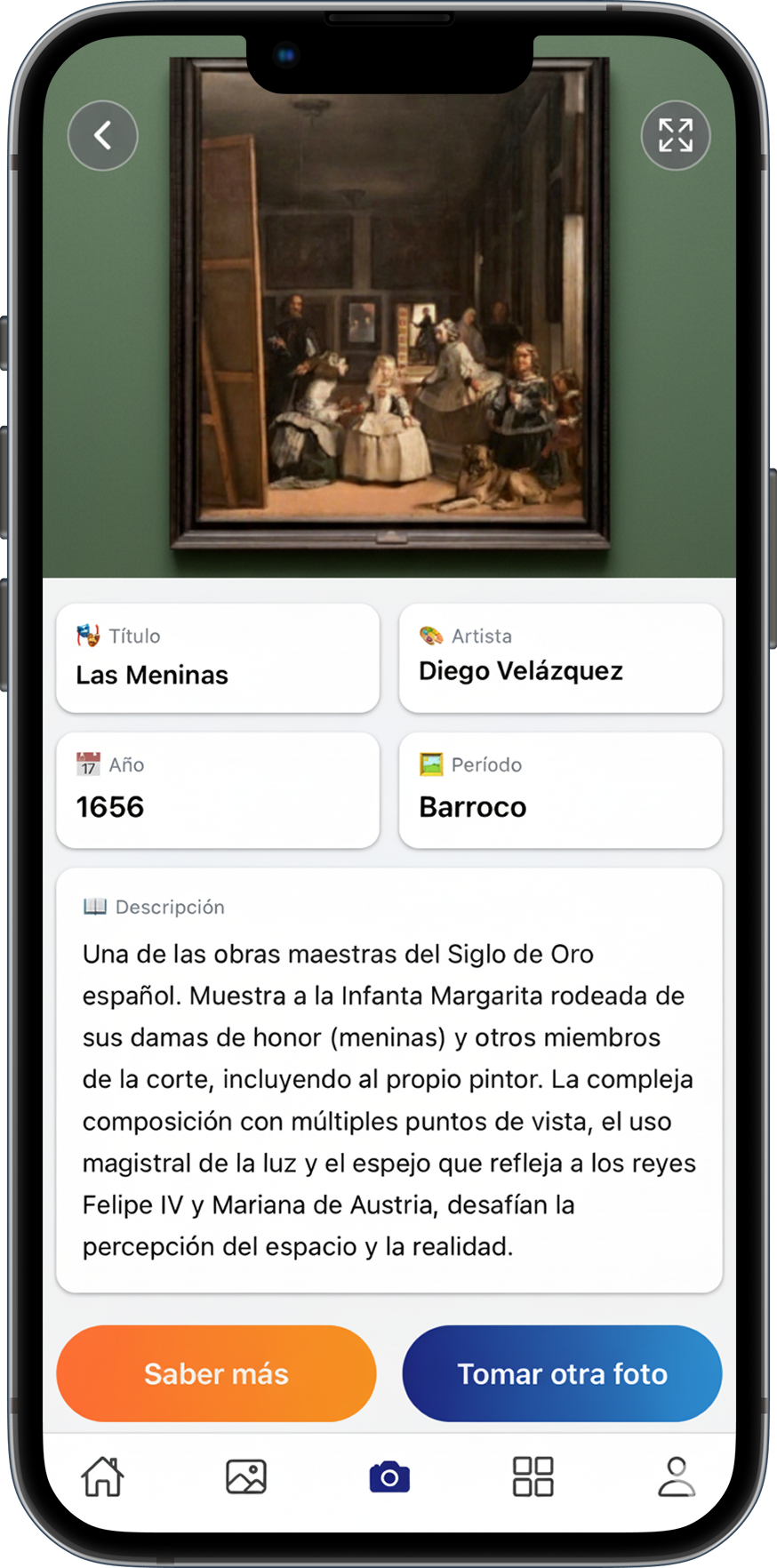 Pantalla de información detallada en Travel AI con historia y datos de obra de arte identificada